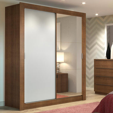 Placard Soltero 117 cm 2 Puertas Corredizas 2 Cajones con 1 Espejo Marrón/Blanco Dallas Madesa