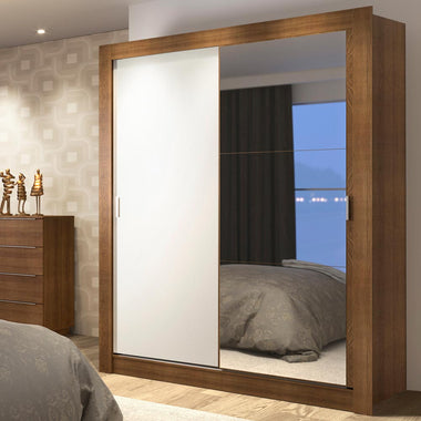 Placard Soltero 117 cm 2 Puertas Corredizas 4 Cajones con 1 Espejo Marrón/Blanco Dallas Madesa