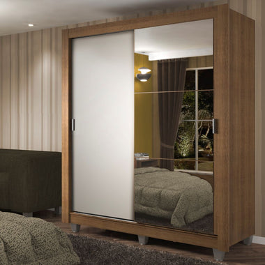 Placard Soltero 117 cm 2 Puertas Corredizas 4 Cajones con 1 Espejo y Patas Marrón/Blanco Dallas Madesa