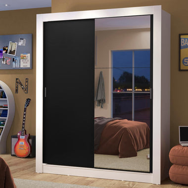 Placard Soltero 117 cm 2 Puertas Corredizas 2 Cajones con 1 Espejo Blanco/Negro Dallas Madesa
