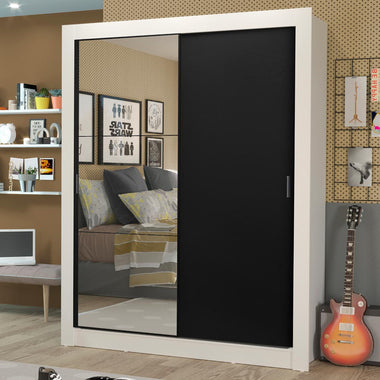 Placard Soltero 117 cm 2 Puertas Corredizas 4 Cajones con 1 Espejo Blanco/Negro Dallas Madesa