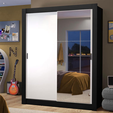 Placard Soltero 117 cm 2 Puertas Corredizas 2 Cajones con 1 Espejo Negro/Blanco Dallas Madesa