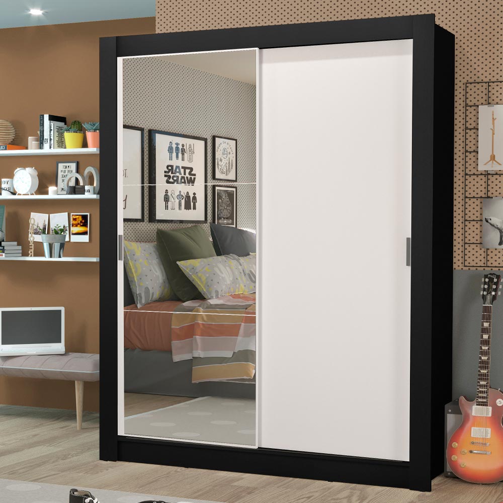 Placard Soltero Dallas Plus 2 Puertas Corredizas con Espejo 4 Cajones Negro/Blanco