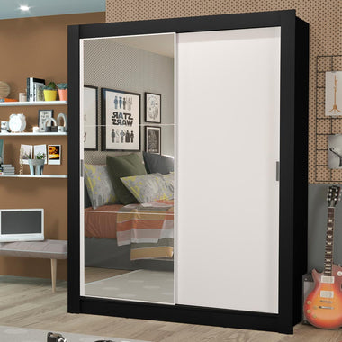 Placard Soltero 117 cm 2 Puertas Corredizas 4 Cajones con 1 Espejo Negro/Blanco Dallas Madesa