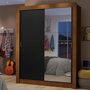 Placard Soltero 117 cm 2 Puertas Corredizas 2 Cajones con 1 Espejo Marrón/Negro Dallas Madesa