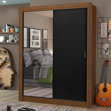 Placard Soltero 117 cm 2 Puertas Corredizas 4 Cajones con 1 Espejo Marrón/Negro Dallas Madesa