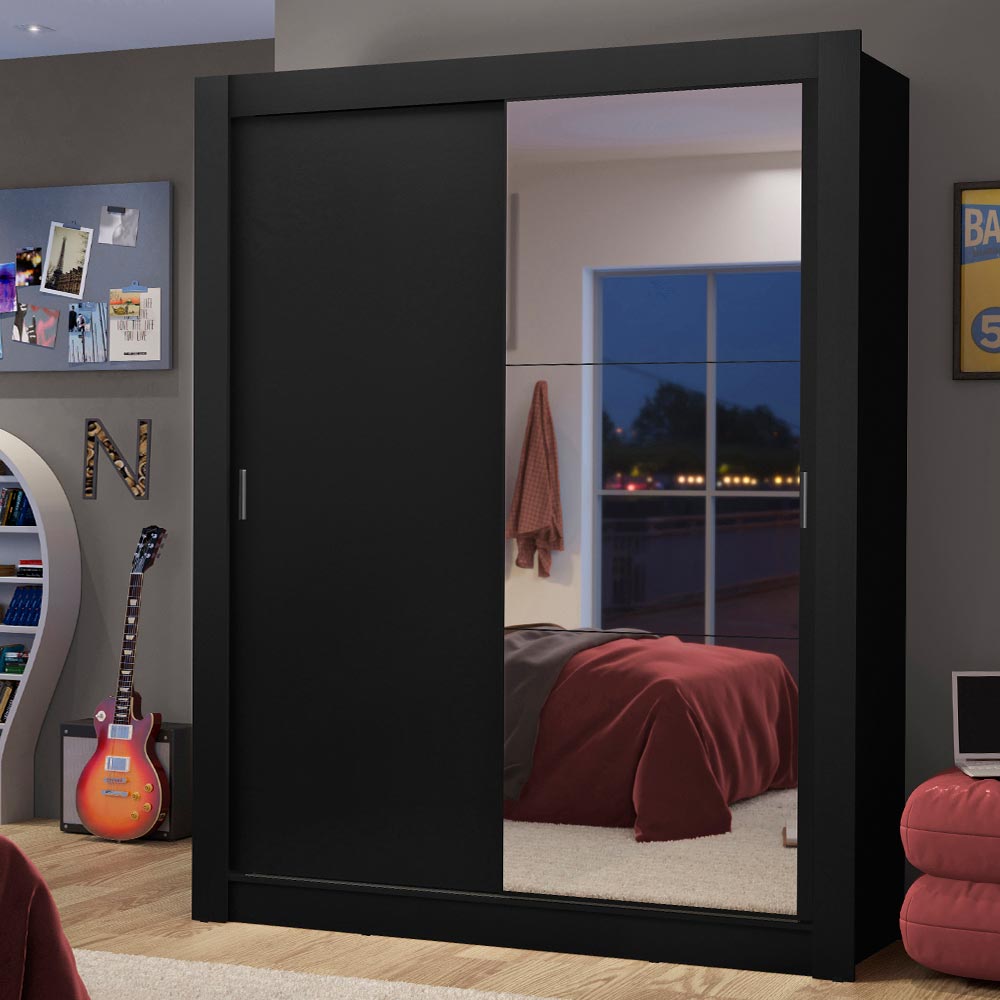 Placard Soltero Dallas 2 Puertas Corredizas con Espejo 2 Cajones Negro