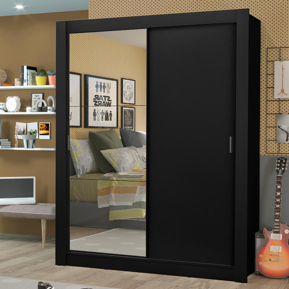 Placard Soltero Dallas Plus 2 Puertas Corredizas con Espejo 4 Cajones Negro