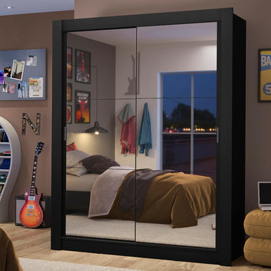 Placard Soltero 117 cm 2 Puertas Corredizas 2 Cajones con 2 Espejos Negro Dallas Madesa