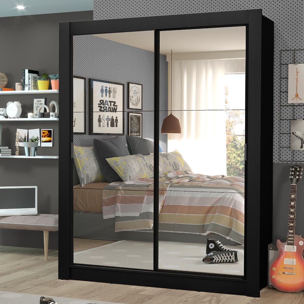 Placard Soltero Dallas Plus 2 Puertas Corredizas de Espejo 4 Cajones Negro