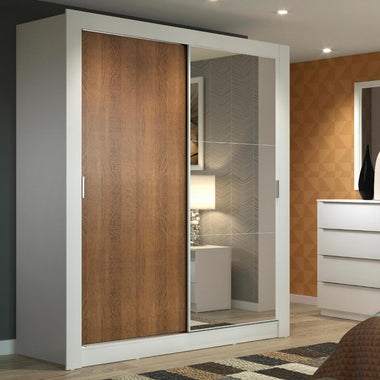 Placard Soltero 117 cm 2 Puertas Corredizas 2 Cajones con 1 Espejo Blanco/Marrón Dallas Madesa