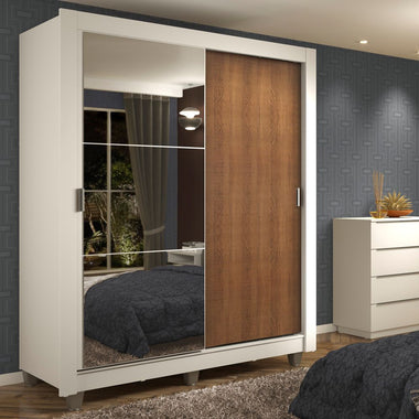 Placard Soltero 117 cm 2 Puertas Corredizas 2 Cajones con 1 Espejo y Patas Blanco/Marrón Dallas Madesa