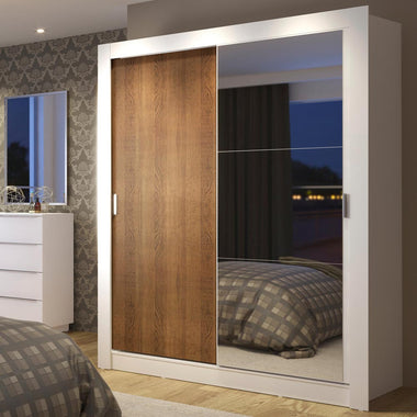 Placard Soltero 117 cm 2 Puertas Corredizas 4 Cajones con 1 Espejo Blanco/Marrón Dallas Madesa