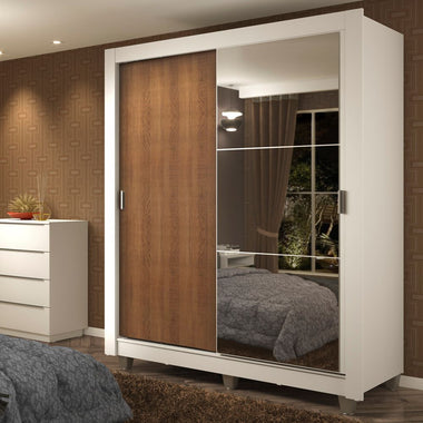 Placard Soltero 117 cm 2 Puertas Corredizas 4 Cajones con 1 Espejo y Patas Blanco/Marrón Dallas Madesa