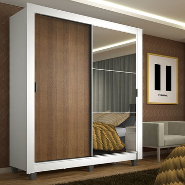 Placard Soltero 117 cm 2 Puertas Corredizas con 1 Espejo y Patas Blanco/Marrón Denver Madesa