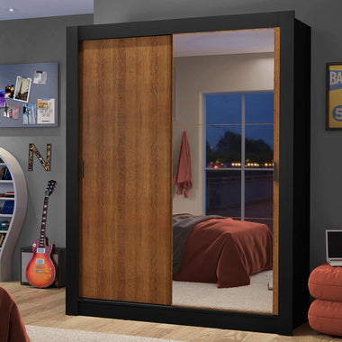 Placard Soltero 117 cm 2 Puertas Corredizas 2 Cajones con 1 Espejo Negro/Marrón Dallas Madesa