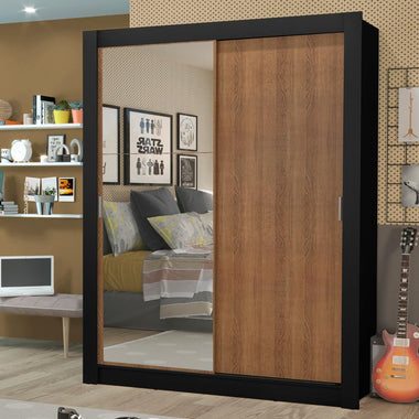 Placard Soltero 117 cm 2 Puertas Corredizas 4 Cajones con 1 Espejo Negro/Marrón Dallas Madesa