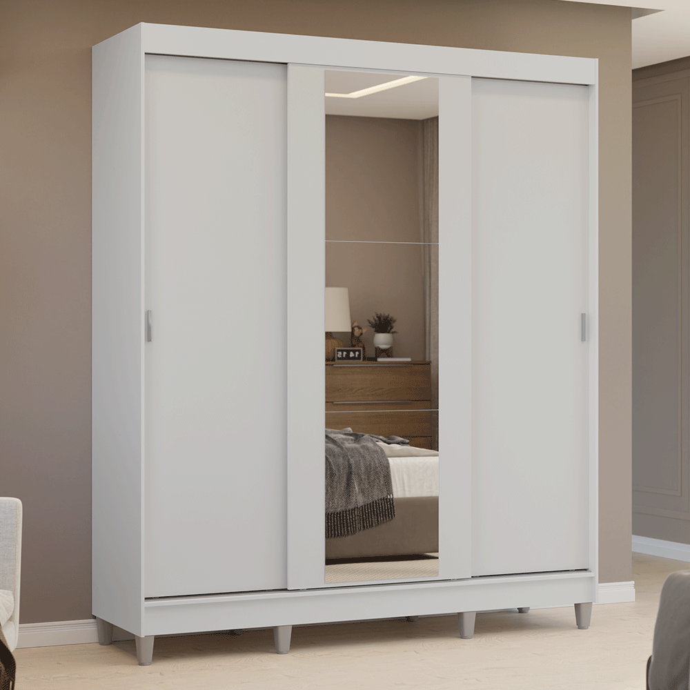 Placard Matrimonial con Patas 180 cm 3 Puertas con Espejo Reno Blanco