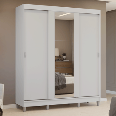 Placard Matrimonial 180 cm 3 Puertas Corredizas 4 Cajones con 1 Espejo y Patas Blanco Reno Madesa