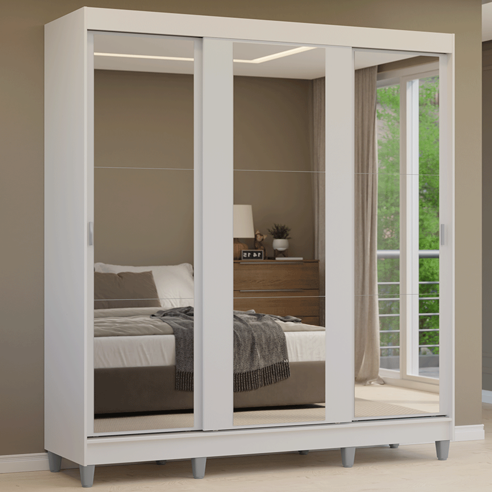 Placard Matrimonial con Patas 180 cm 3 Puertas con 3 Espejos Reno Blanco