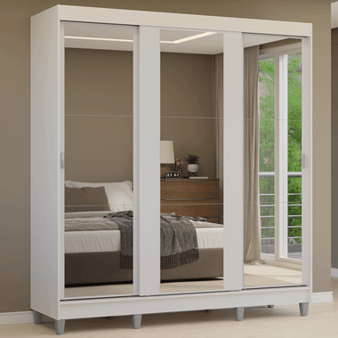 Placard Matrimonial 180 cm 3 Puertas Corredizas 4 Cajones con 3 Espejos y Patas Blanco Reno Madesa