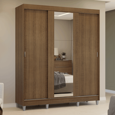 Placard Matrimonial 180 cm 3 Puertas Corredizas 4 Cajones con 1 Espejo y Patas Marrón Reno Madesa