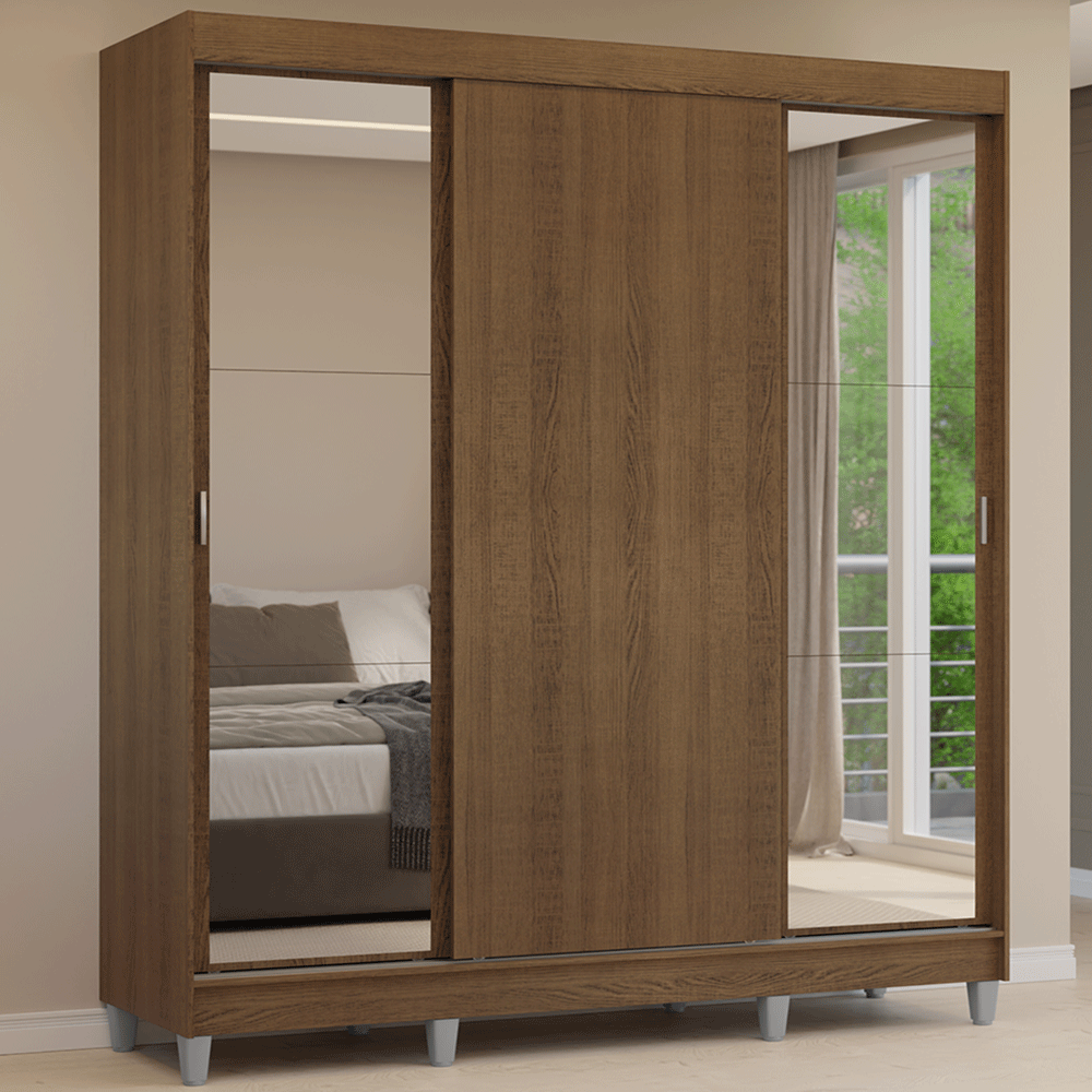 Placard Matrimonial con Patas 180 cm 3 Puertas con Espejos Reno Marrón