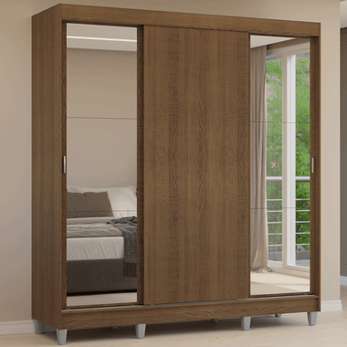 Placard Matrimonial 180 cm 3 Puertas Corredizas 4 Cajones con 2 Espejos y Patas Marrón Reno Madesa