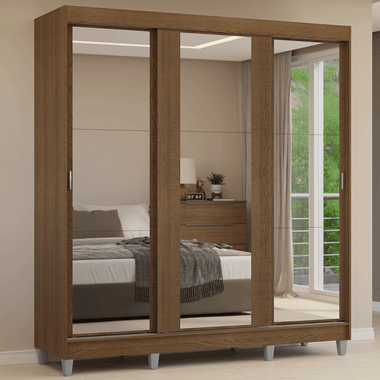 Placard Matrimonial 180 cm 3 Puertas Corredizas 4 Cajones con 3 Espejos y Patas Marrón Reno Madesa