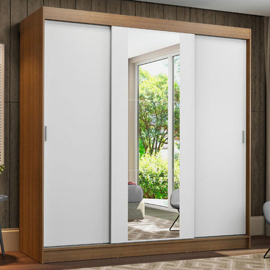 Placard Matrimonial 180 cm 3 Puertas Corredizas 4 Cajones con 1 Espejo Marrón/Blanco Reno Madesa