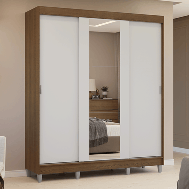 Placard Matrimonial 180 cm 3 Puertas Corredizas 4 Cajones con 1 Espejo y Patas Marrón/Blanco Reno Madesa