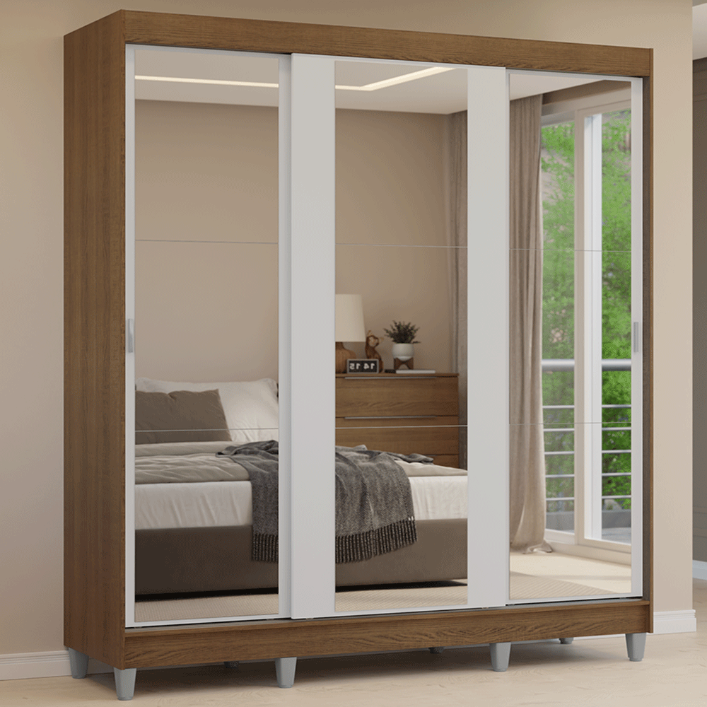 Armario matrimonial con patas, 3 puertas correderas con espejo, Marrón/Blanco Reno