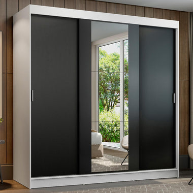 Placard Matrimonial 180 cm 3 Puertas Corredizas 4 Cajones con 1 Espejo Blanco/Negro Reno Madesa