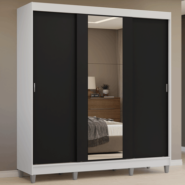 Placard Matrimonial 180 cm 3 Puertas Corredizas 4 Cajones con 1 Espejo y Patas Blanco/Negro Reno Madesa