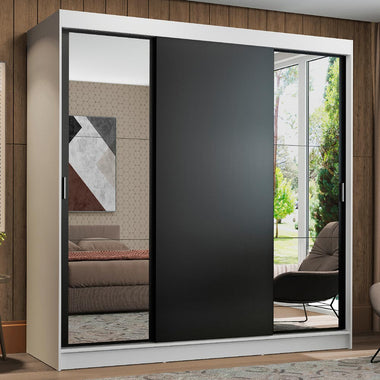 Placard Matrimonial 180 cm 3 Puertas Corredizas 4 Cajones con 2 Espejos Blanco/Negro Reno Madesa