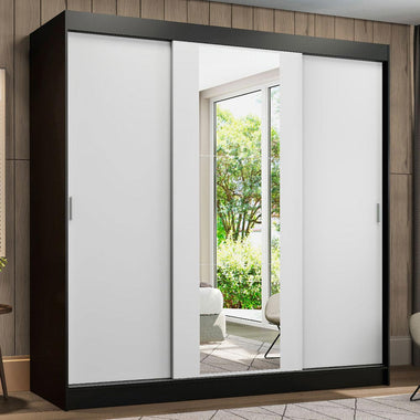 Placard Matrimonial 180 cm 3 Puertas Corredizas 4 Cajones con 1 Espejo Negro/Blanco Reno Madesa