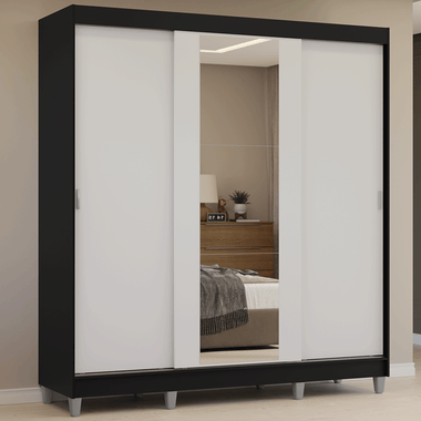 Placard Matrimonial 180 cm 3 Puertas Corredizas 4 Cajones con 1 Espejo y Patas Negro/Blanco Reno Madesa