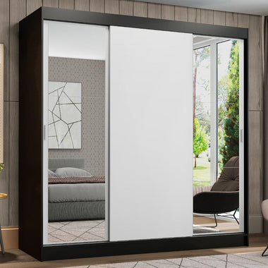 Placard Matrimonial 180 cm 3 Puertas Corredizas 4 Cajones con 2 Espejos Negro/Blanco Reno Madesa