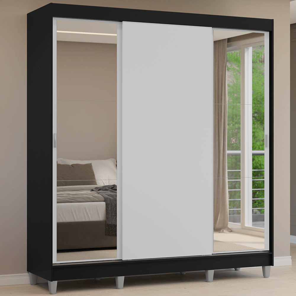 Placard Matrimonial con Patas 180 cm 3 Puertas con Espejos Reno Negro/Blanco