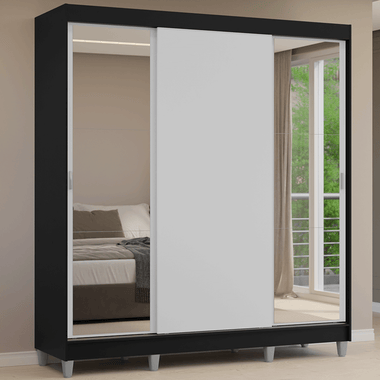 Placard Matrimonial 180 cm 3 Puertas Corredizas 4 Cajones con 2 Espejos y Patas Negro/Blanco Reno Madesa