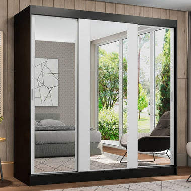 Placard Matrimonial 180 cm 3 Puertas Corredizas 4 Cajones con 3 Espejos Negro/Blanco Reno Madesa