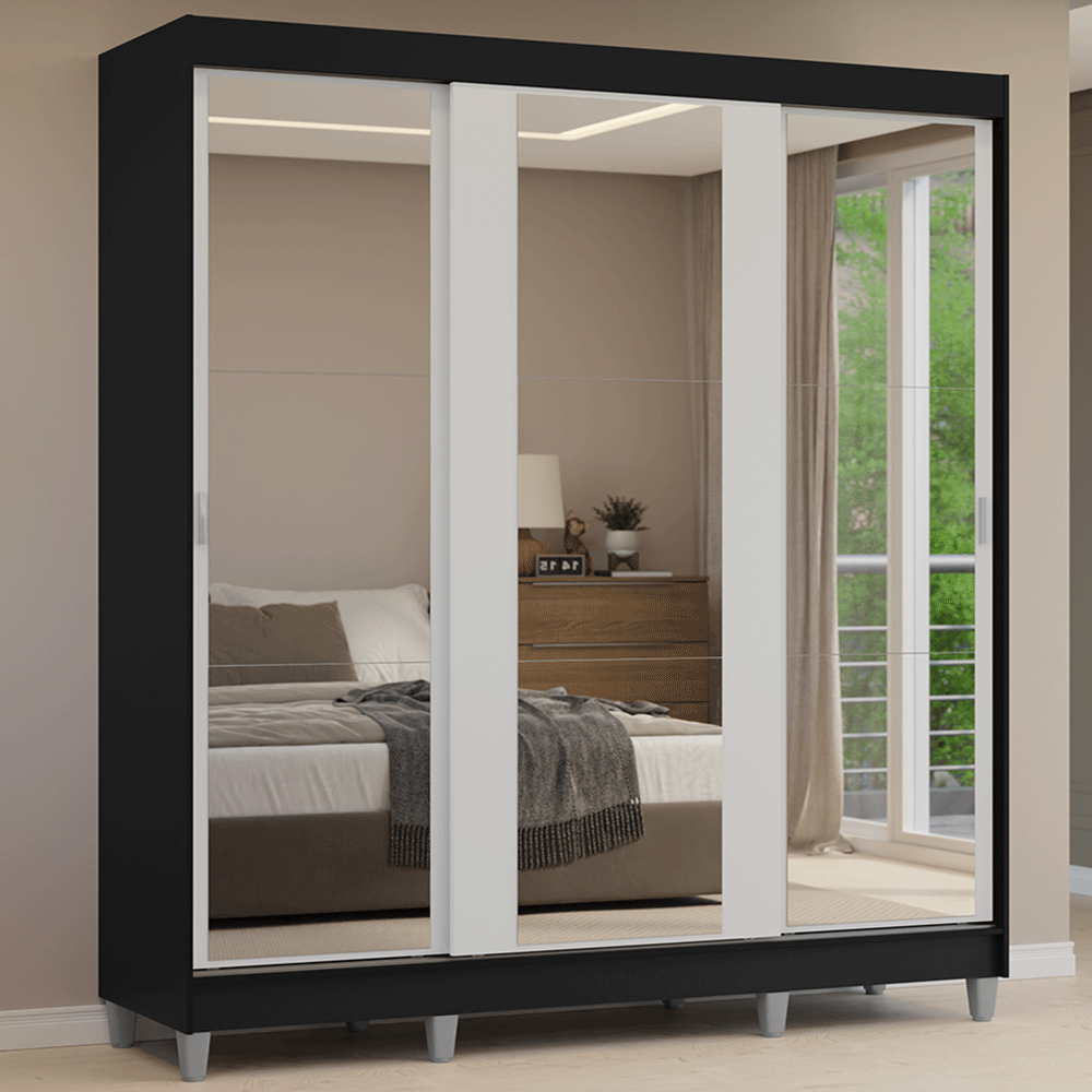 Placard Matrimonial con Patas 180 cm 3 Puertas con 3 Espejos Reno Negro/Blanco