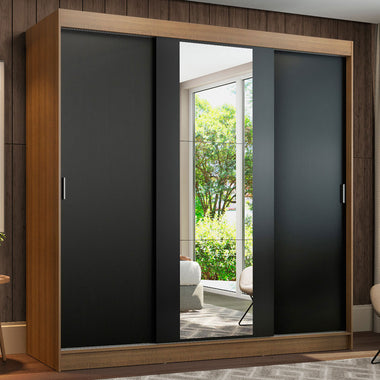Placard Matrimonial Reno 180 cm 3 Puertas Corredizas con 1 Espejo 4 Cajones Marrón/Negro Madesa
