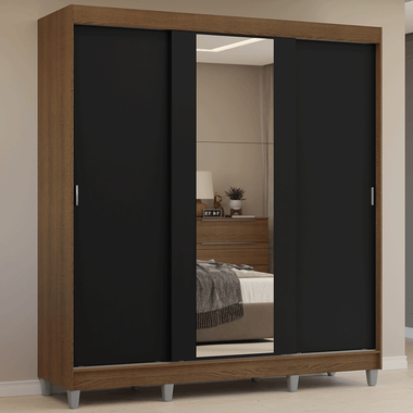 Placard Matrimonial 180 cm 3 Puertas Corredizas 4 Cajones con 1 Espejo y Patas Marrón/Negro Reno Madesa