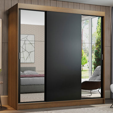 Placard Matrimonial 180 cm 3 Puertas Corredizas 4 Cajones con 2 Espejos Marrón/Negro Reno Madesa