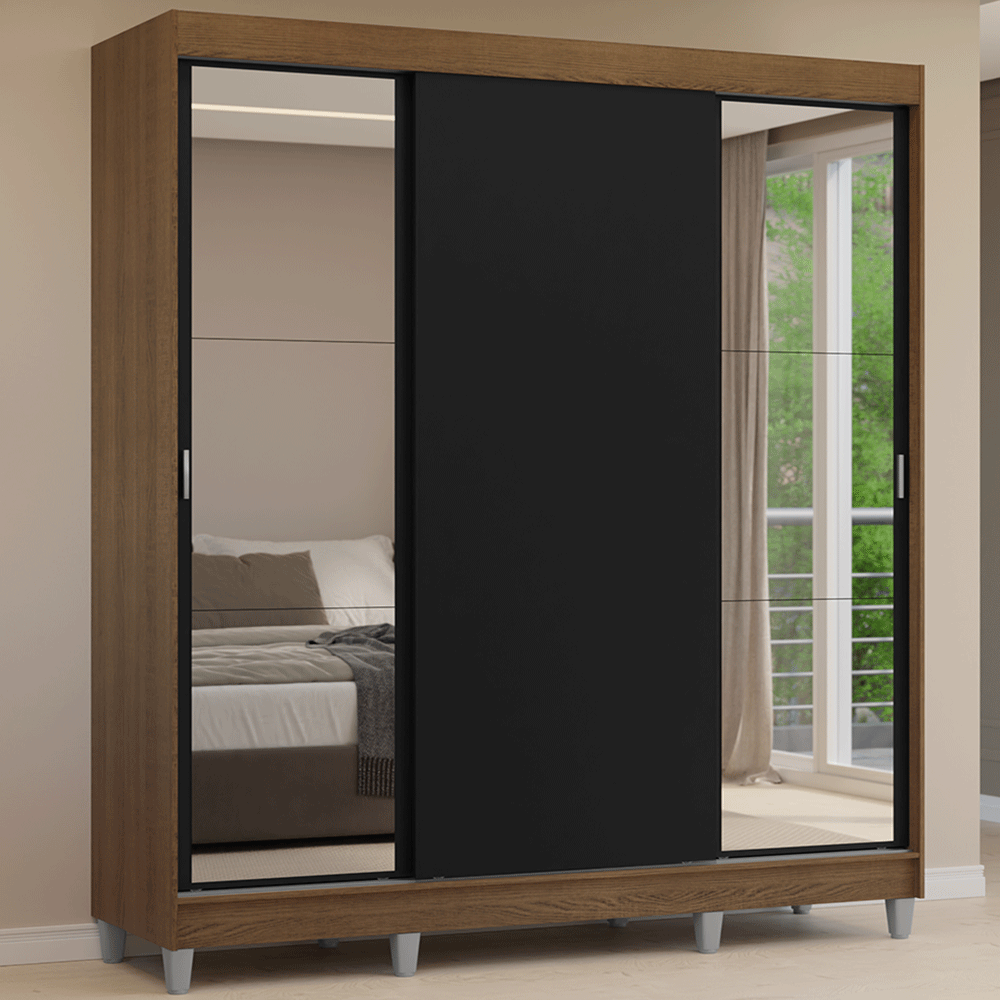 Placard Matrimonial con Patas 180 cm 3 Puertas con Espejos Reno Marrón/Negro