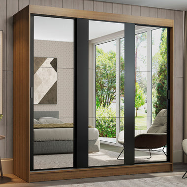 Placard Matrimonial 180 cm 3 Puertas Corredizas 4 Cajones con 3 Espejos Marrón/Negro Reno Madesa