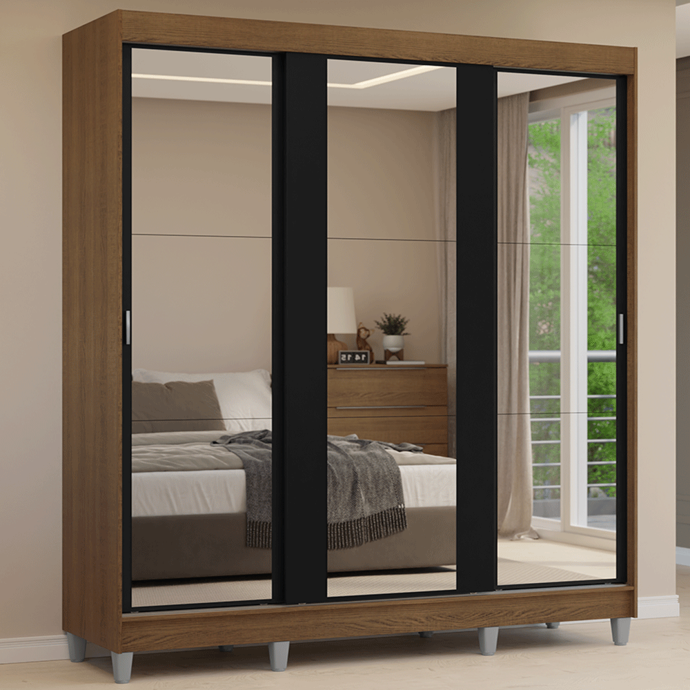 Placard Matrimonial con Patas 180 cm 3 Puertas con 3 Espejos Reno Marrón/Negro