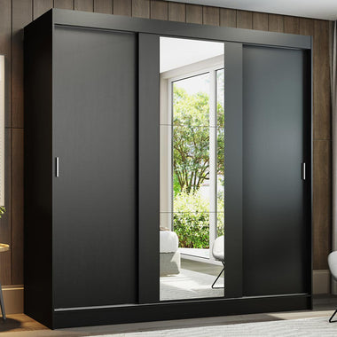 Placard Matrimonial 180 cm 3 Puertas Corredizas 4 Cajones con 1 Espejo Negro Reno Madesa
