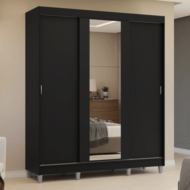 Placard Matrimonial 180 cm 3 Puertas Corredizas 4 Cajones con 1 Espejo y Patas Negro Reno Madesa